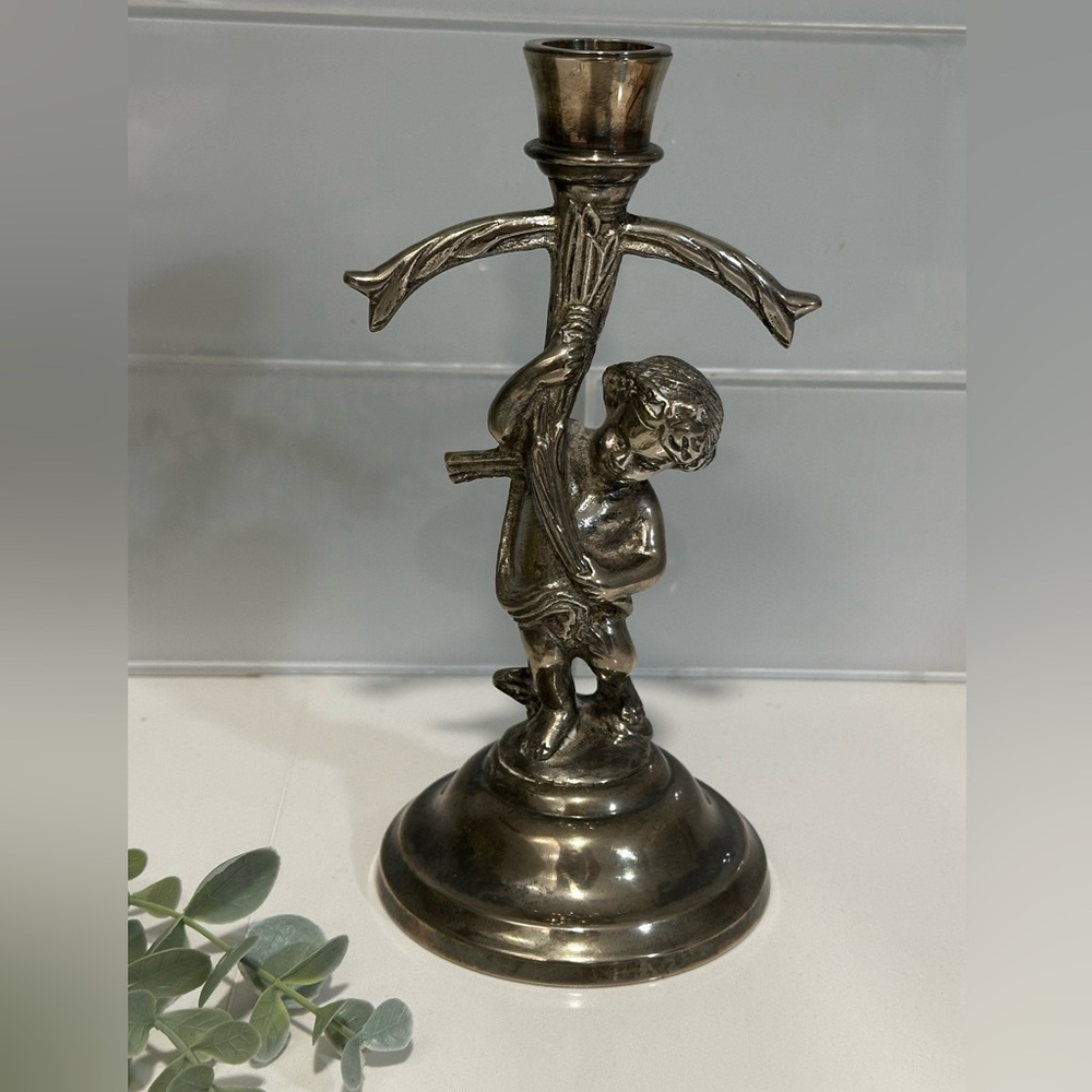 Vintage  Italianate Cherub metal silver plate cherub candlestick candle holder